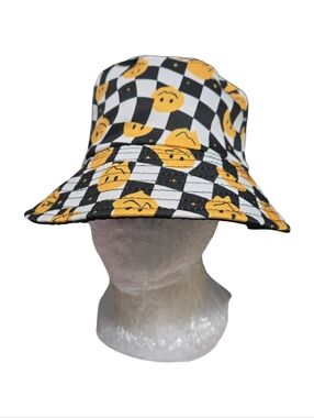 Black & White Checkered Bucket Hat with Yellow Smiley Faces